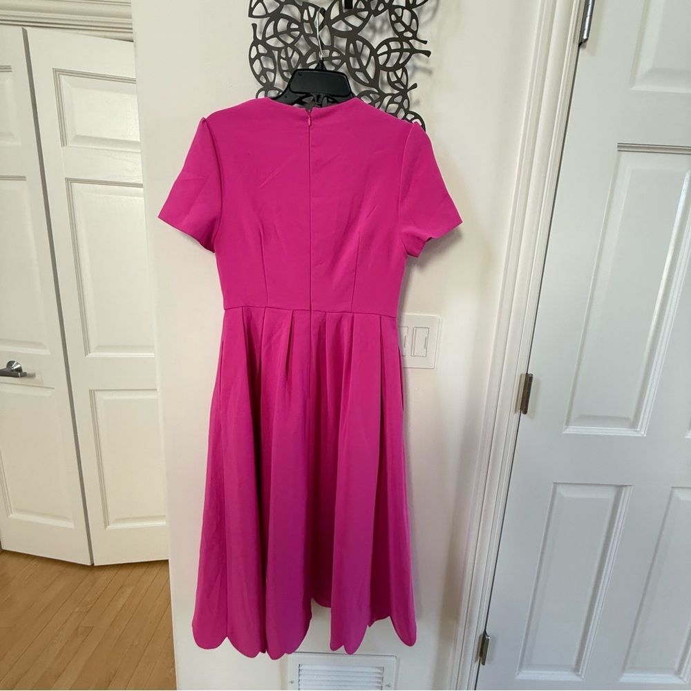 Fehaute Scalloped Square Neck Short Sleeve A-Line Midi Dress in Rose Red 4 NWOT - Picture 11 of 15